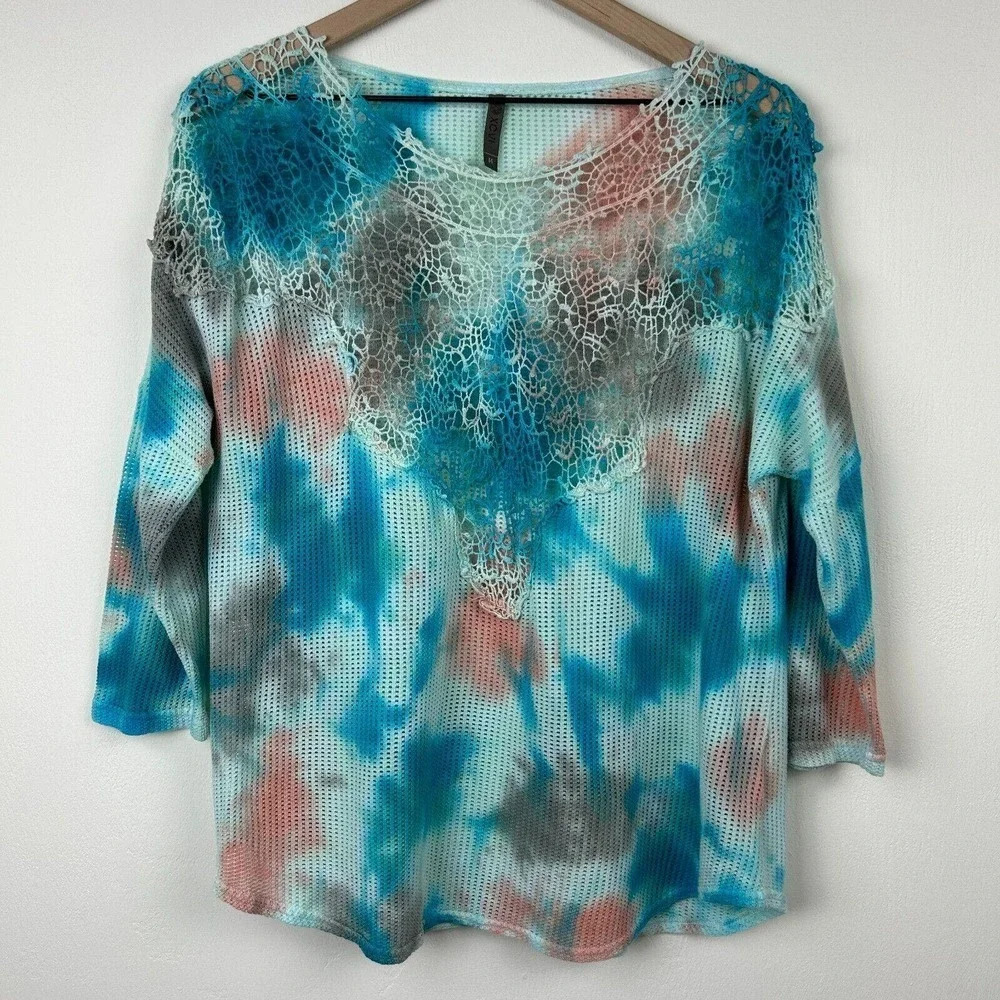XCVI Sweater Womens Medium Tie Dye Crochet Top Lightweight Mesh Shirt Ladies